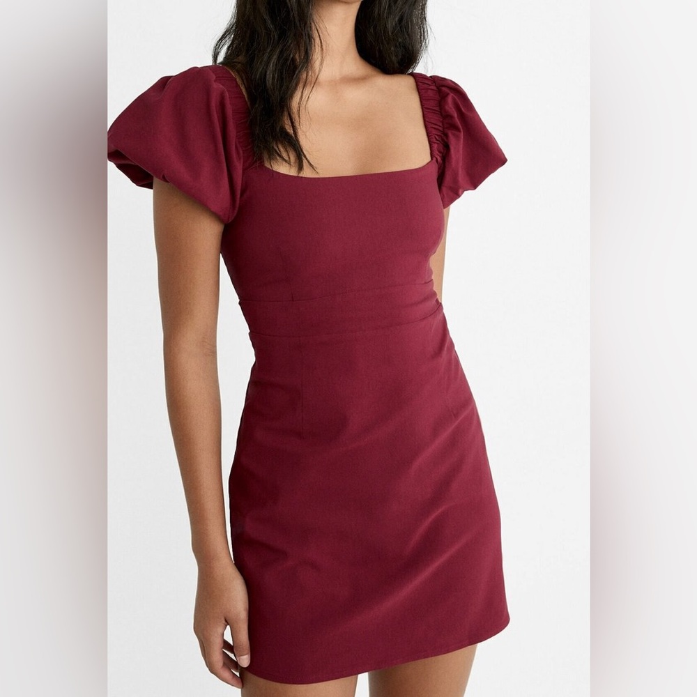 Stradivarius Burgundy Mini Dress with Puff Sleeves